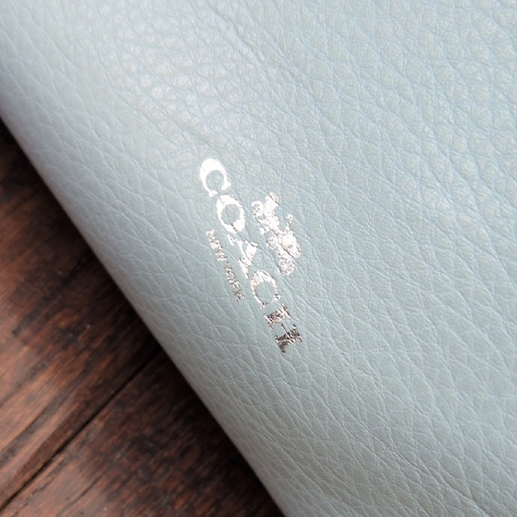 COACH I Light Aqua Blue Derby Pebble Leather Tote Bag Purse with Silver Tag - Picture 6 of 16